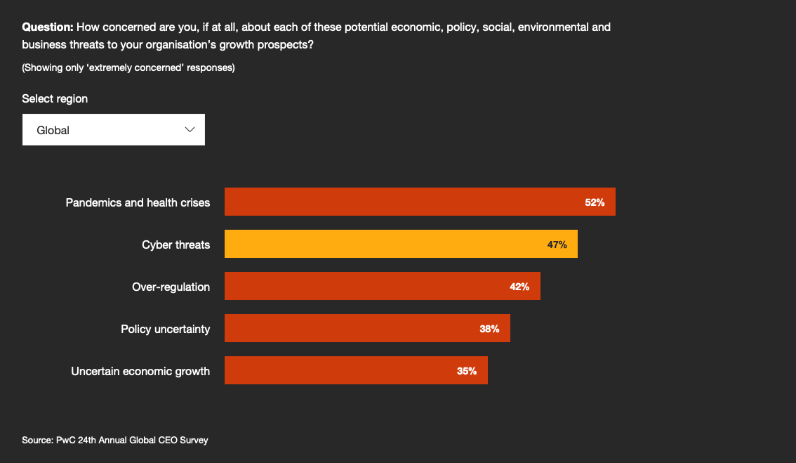CEO key concerns. Out of the PwC 24th Annual Global CEO Survey, dated from 2021.