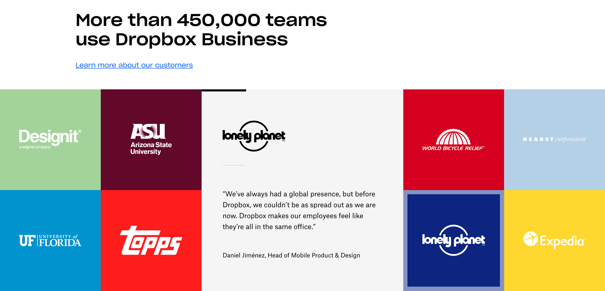Third parties endorsement from customers, example of Dropbox website. More than 450.000 teams use Dropbox Business. Learn more about our customers: Designit, ASU (Arizona State university), UF ( University of Florida), Tops, Lonely Planet,  World Bicycle Relief, Hearst, Expedia.