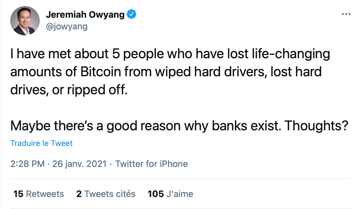 Jeremy Owyang tweeting about bitcoin mismanagement of wallet keys.