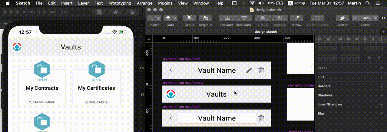 screen capture showing an iphone simulator updated as the export process in sketch is executed.