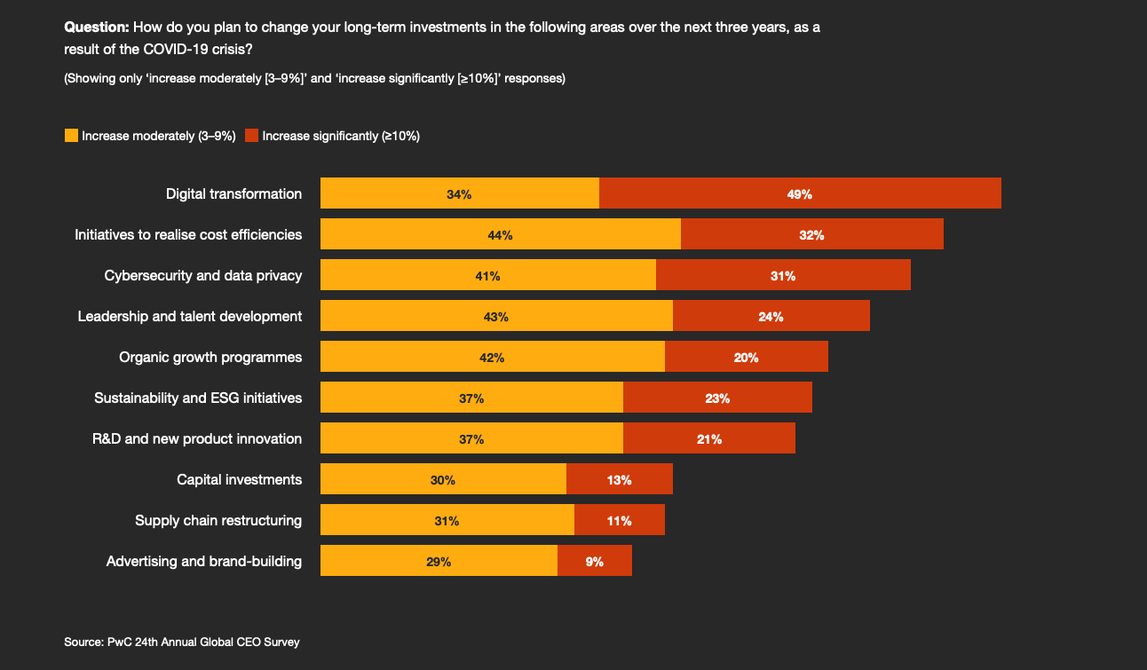 CEO long-term investments perspective. Out of the PwC 24th Annual Global CEO Survey, dated from 2021.